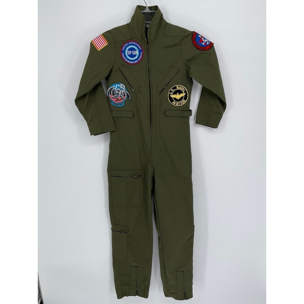 Top Gun Boy's Green Patch Pilot Flight Suit Halloween Costume Jumpsuit Size M
